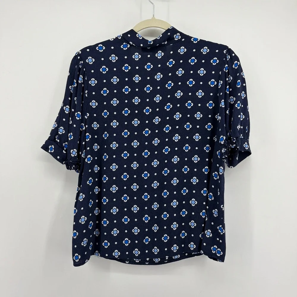 LOFT Womens Medium Navy Blue Floral Medallion Tie Neck Puff Short Sleeve Blouse